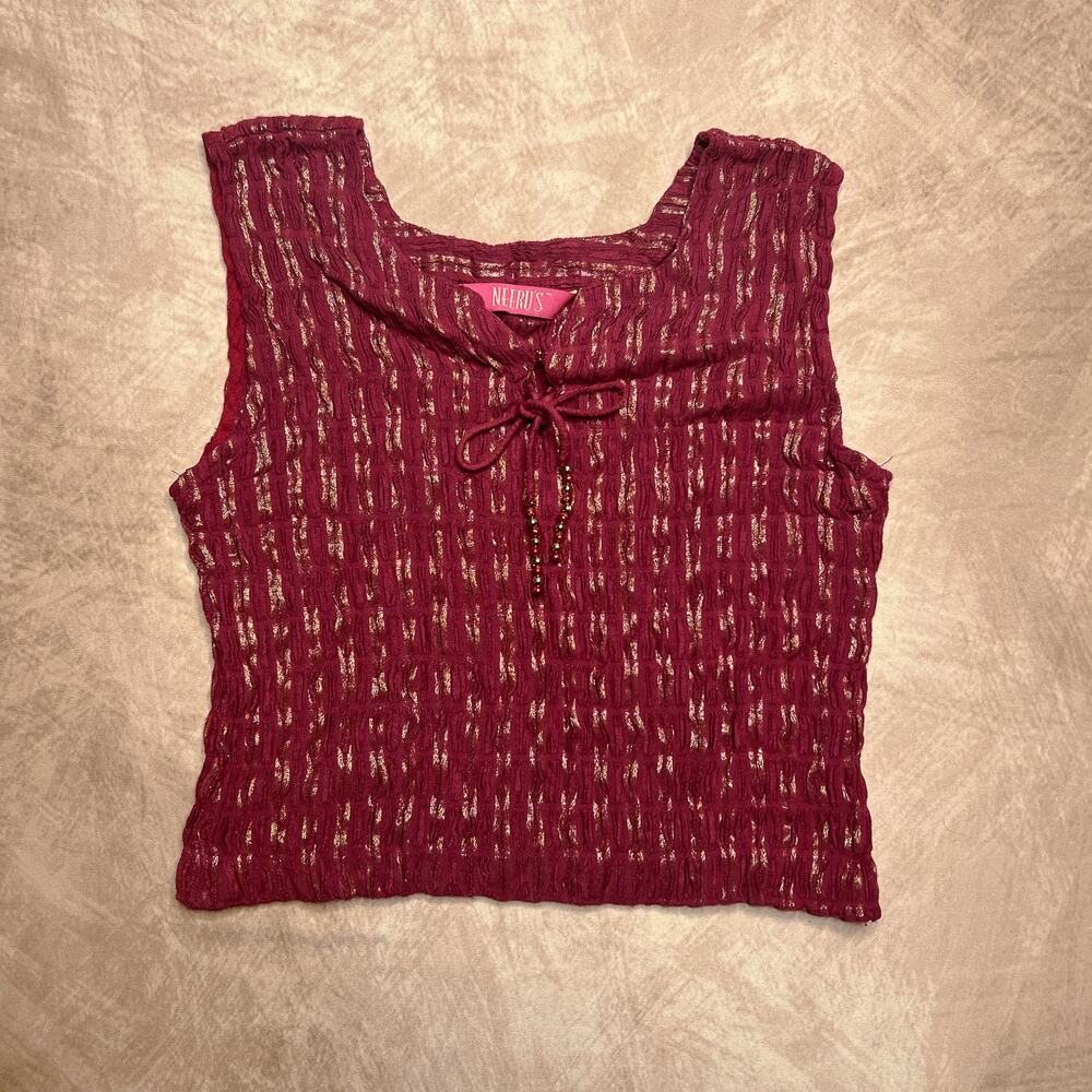 Vintage Y2K Neerus Cropped Sleeveless Shirt Burgundy Ruched Tank Top Metallic